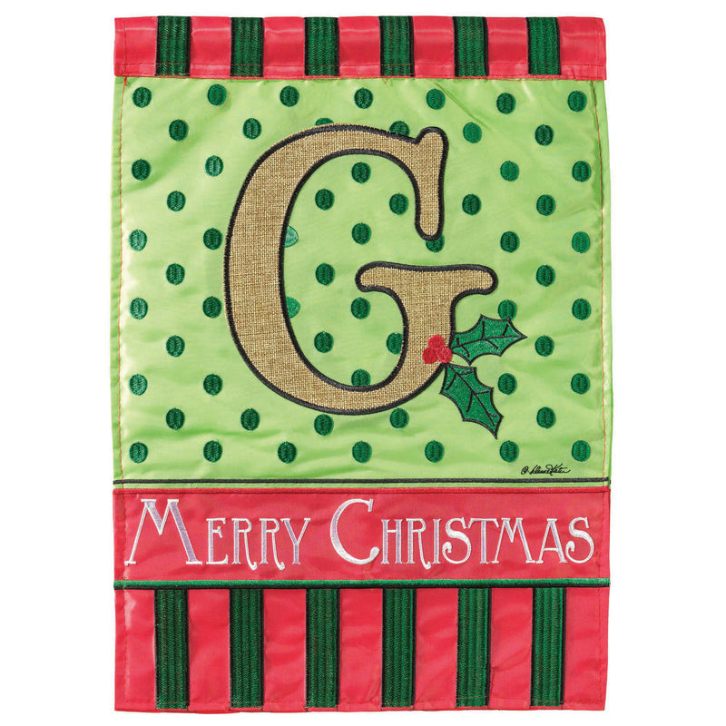 Magnolia Garden G Monogram Festive Red Green 18 x 13 Polyester Burlap Christmas Outdoor Flag