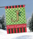 Magnolia Garden J Monogram Festive Red Green 18 x 13 Polyester Burlap Christmas Outdoor Flag