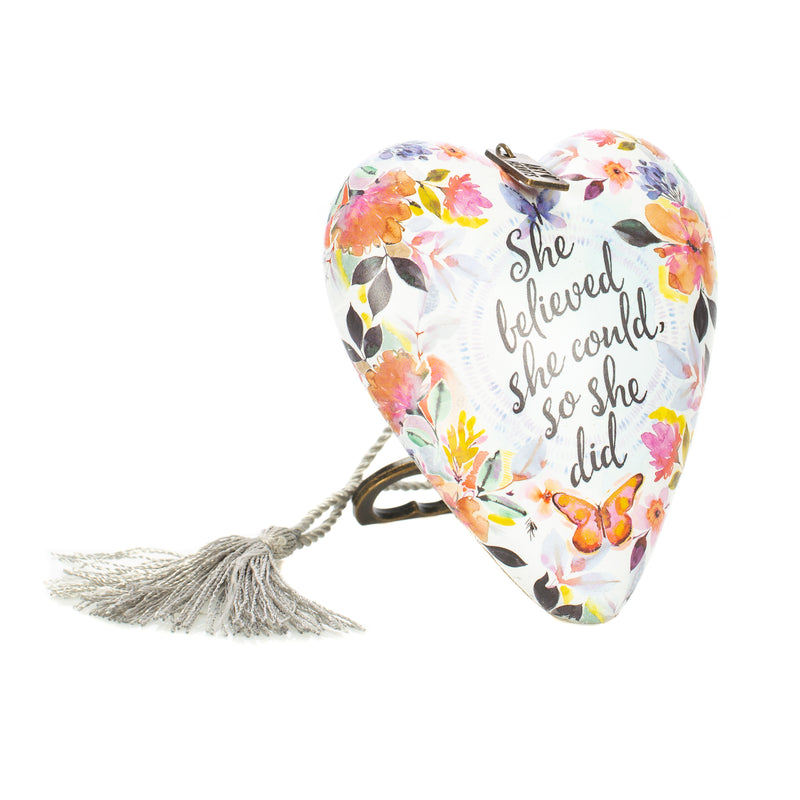 DEMDACO She Believed She Could So She Did Butterfly Floral 4 x 3 Heart Shaped Resin Keepsake Art Hearts Decoration with Key and Tassel
