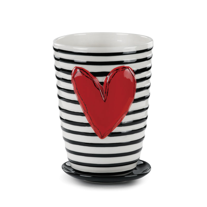 DEMDACO Pot and Saucer Black White Stripe Heart 7.5 x 5 Ceramic Stoneware Standing Planter Set