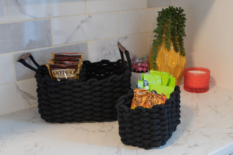 Nat & Jules Thick Woven 12 x 10 Polyester Knit Nesting Shelf Baskets Set of 3, Black