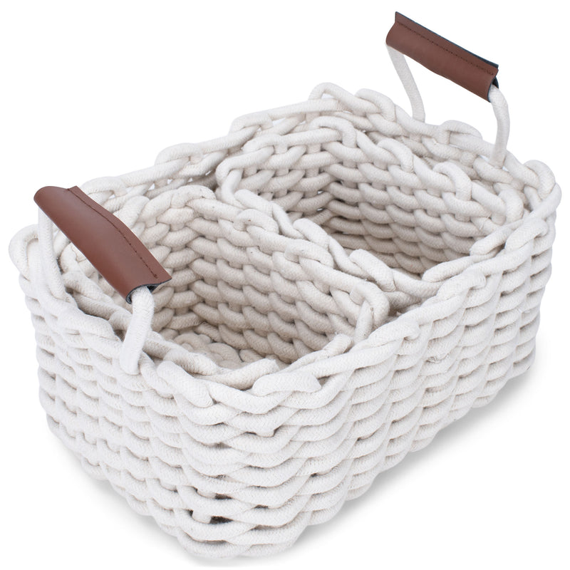 Nat & Jules Thick Woven 12 x 10 Polyester Knit Nesting Shelf Baskets Set of 3, Cream
