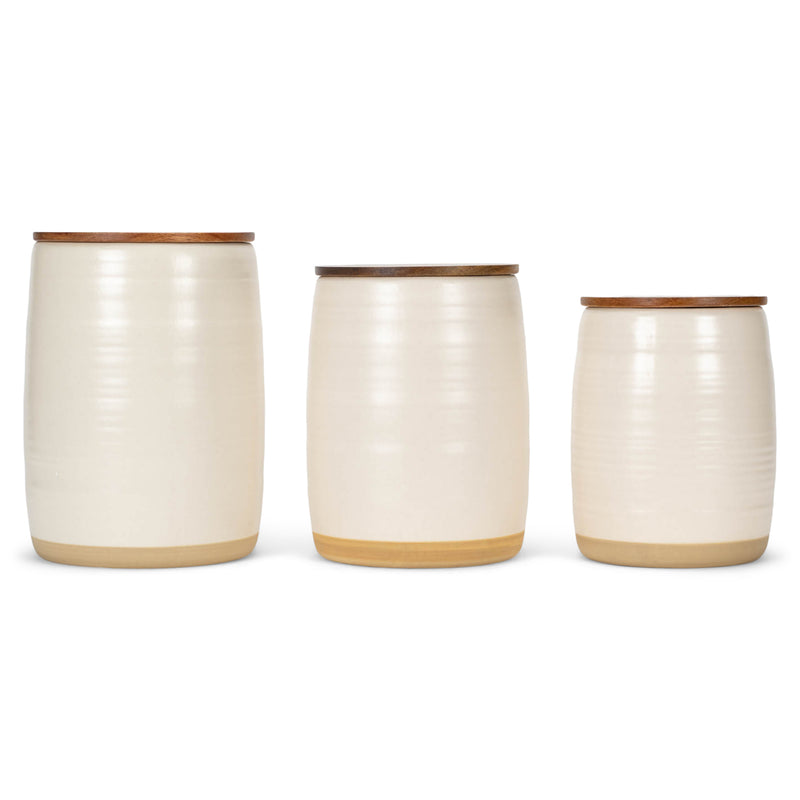 Nat & Jules Lidded White 6 inch Ceramic and Wood Kitchen Canisters Set of 3