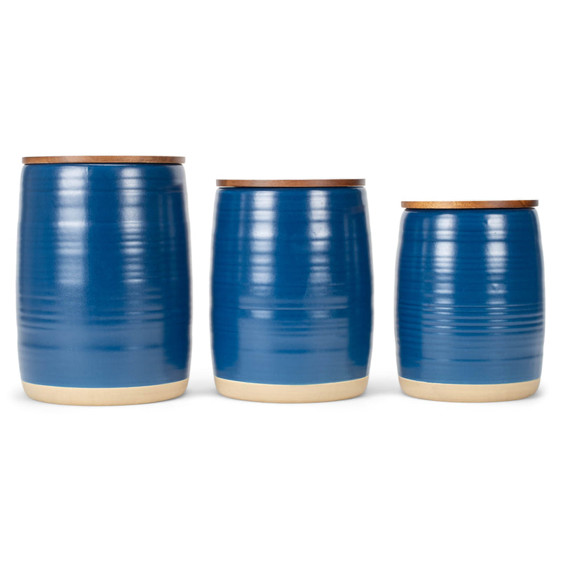 Nat & Jules Lidded Navy Blue 6 inch Ceramic and Wood Kitchen Canisters Set of 3