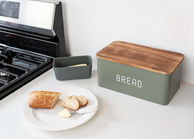 Nat & Jules Matte Green 17 x 8 Metal Enamel Rubber Wood Lidded Bread Box