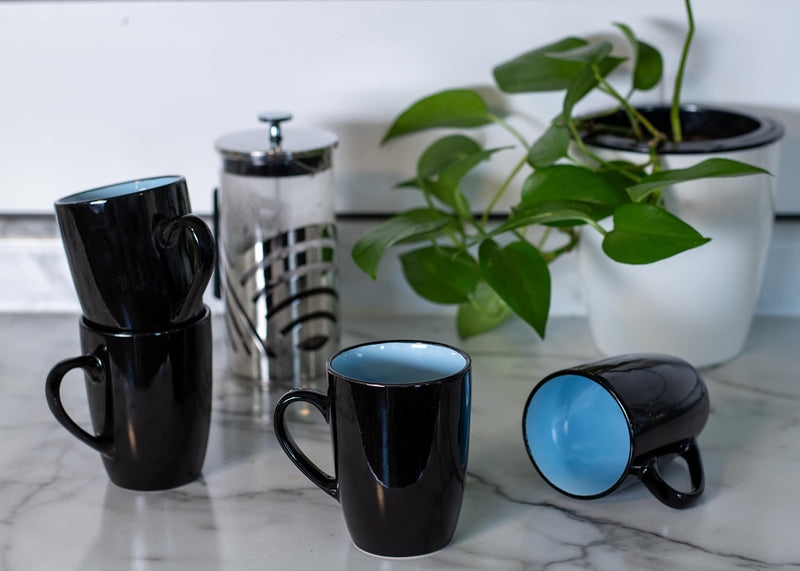 Color Pop Pale Blue Black Exterior 16 ounce Glossy Ceramic Mugs Matching Set of 4