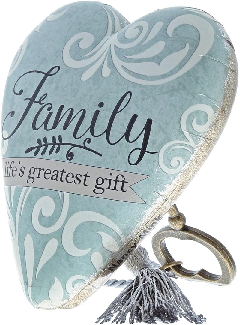 DEMDACO Family Lifes Greatest Gift Blue Damask 4 x 3 Heart Shaped Resin Keepsake Art Hearts Decoration with Key and Tassel