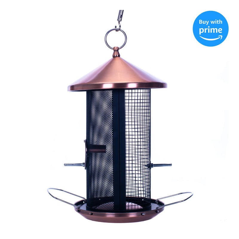 Front view of Copper Finish Heavy Duty Mesh Metal 3 Lb. Dual Nut and Seed Bird Feeder