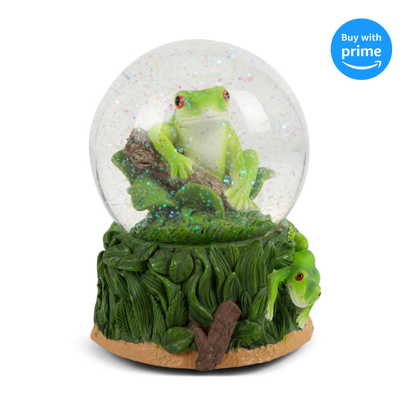 Front view of Playful Tree Frog Figurine Muscial Snow Globe