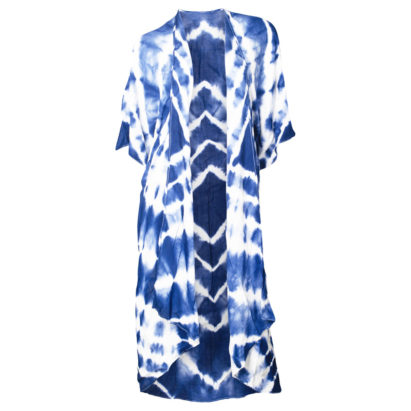 Front view of Flowing Tie-Dyed Kimono Blue and White One Size Fits Most Polyester Blend Shawl