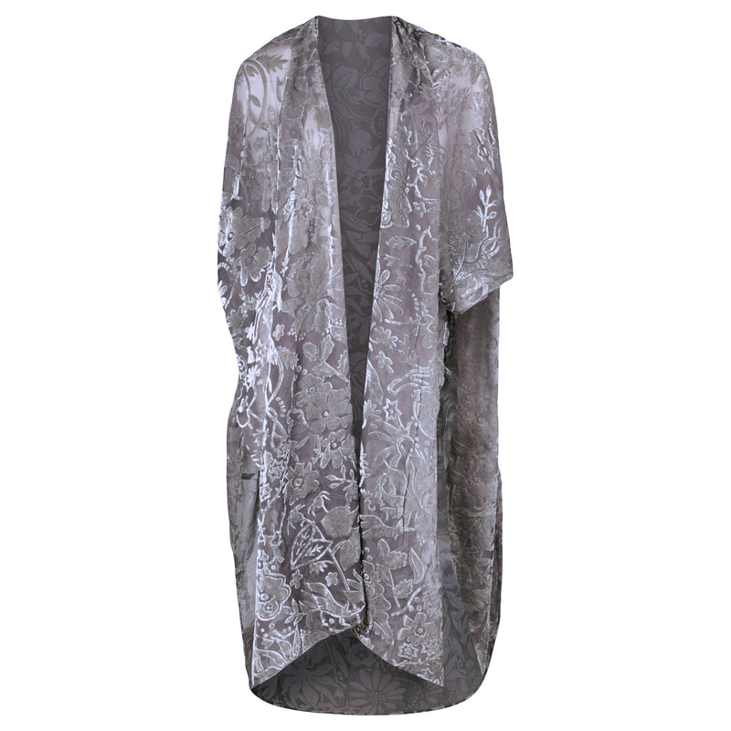 Front view of Lush Kimono Sheer Grey One Size Fits Most Velvet Fabric Pashmina Shawl