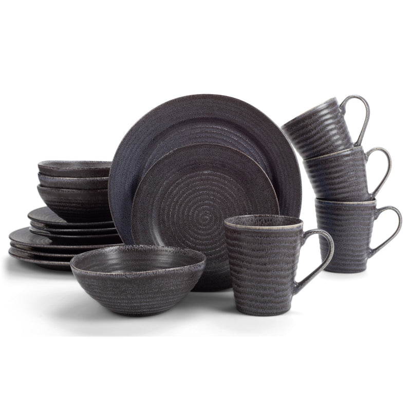 Complete set of Charcoal Grey Modern Chic Ribbed Dinnerware 16 Piece Set