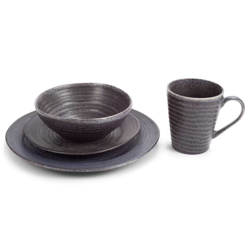 Modern Chic Ribbed Ceramic Stoneware Dinnerware 16 Piece Set - Service for 4, Charcoal Grey