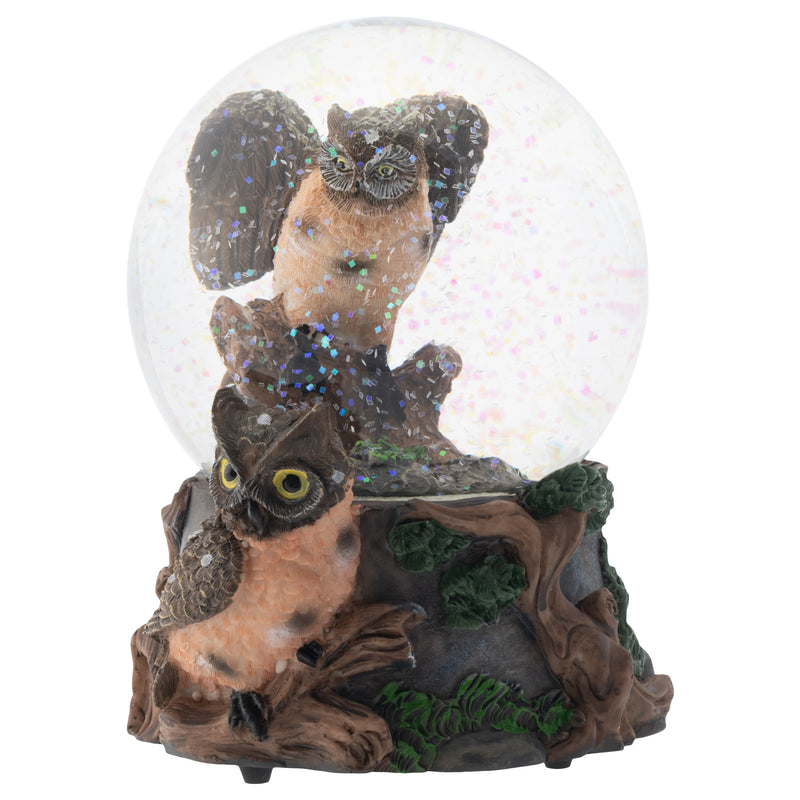 Red Bellied Eagle Owls 100MM Musical Water Globe Plays Tune Wonderful World