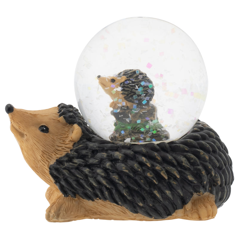 Front view of Mommy and Baby Hedgehog Figurine Glitter Snow Globe