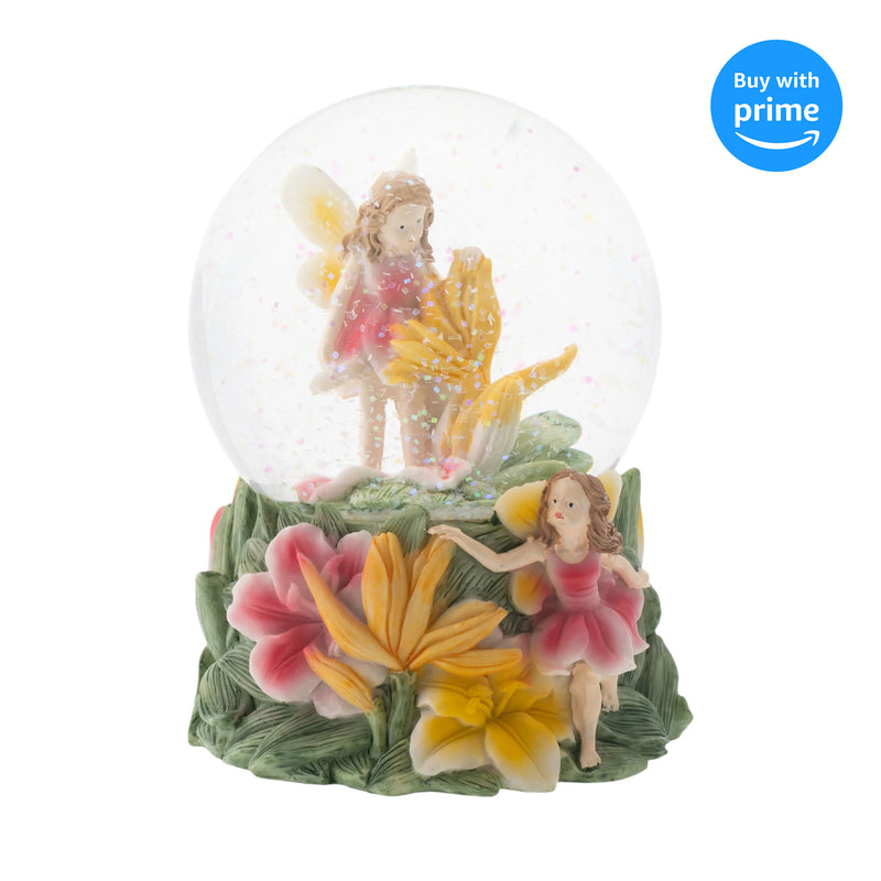 Front view of Yellow Lilly Fairy Friends Musical Snow Globe