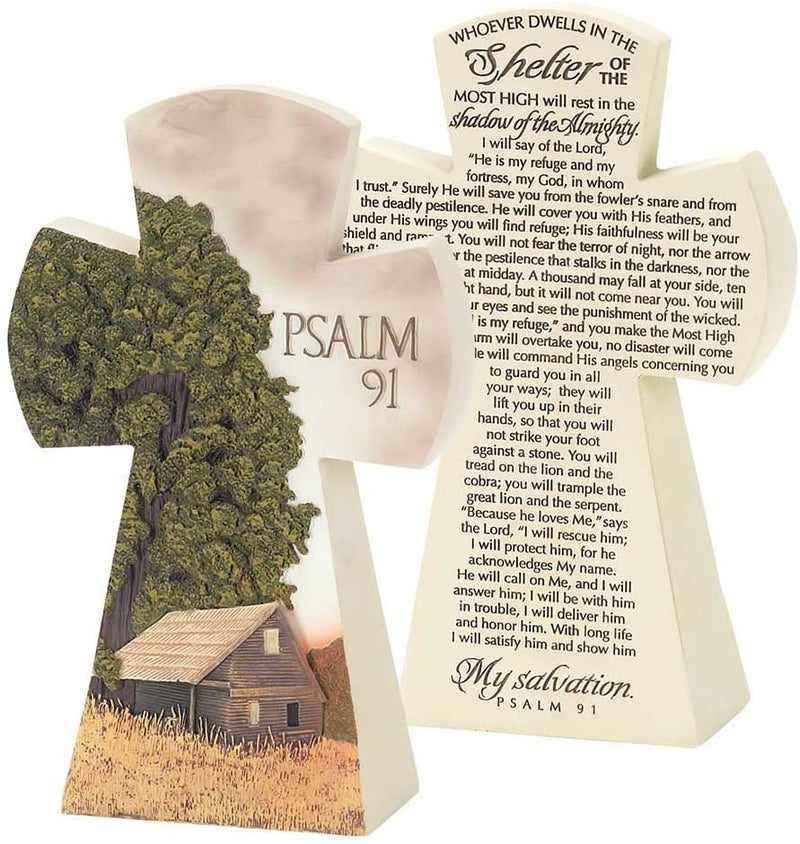 Dicksons Barn and Farm Scene Psalm 91 Cross 7.5 Resin Stone Table Top Figurine
