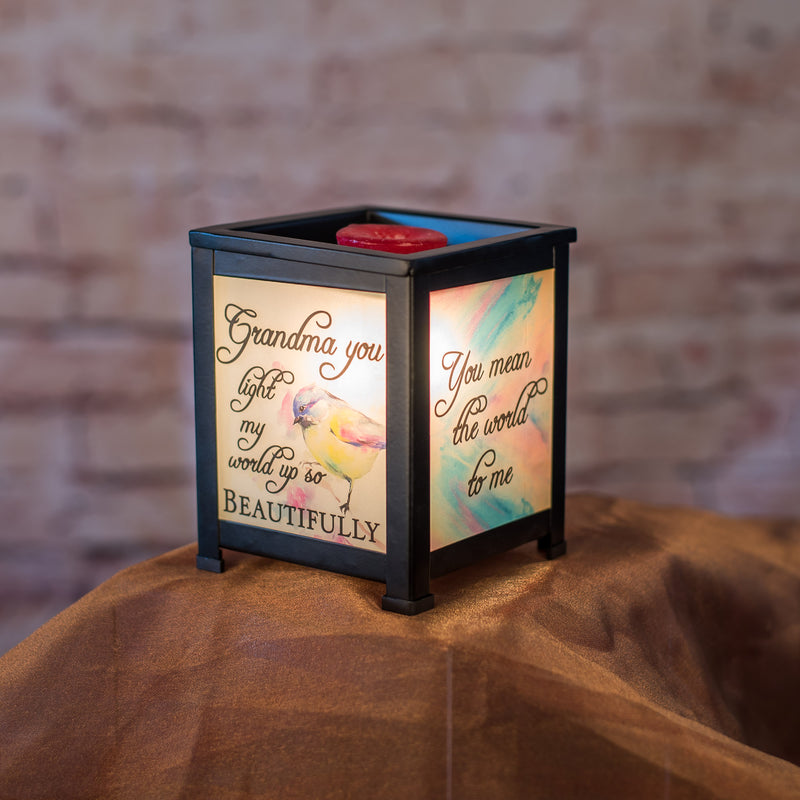 Front view of Grandma "You mean the world to me" Black Glass Lantern Warmer