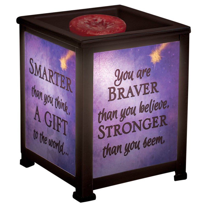 Front view of "You are braver than you believe, stronger than you seem, and smarter than you think" Black Glass Lantern Warmer