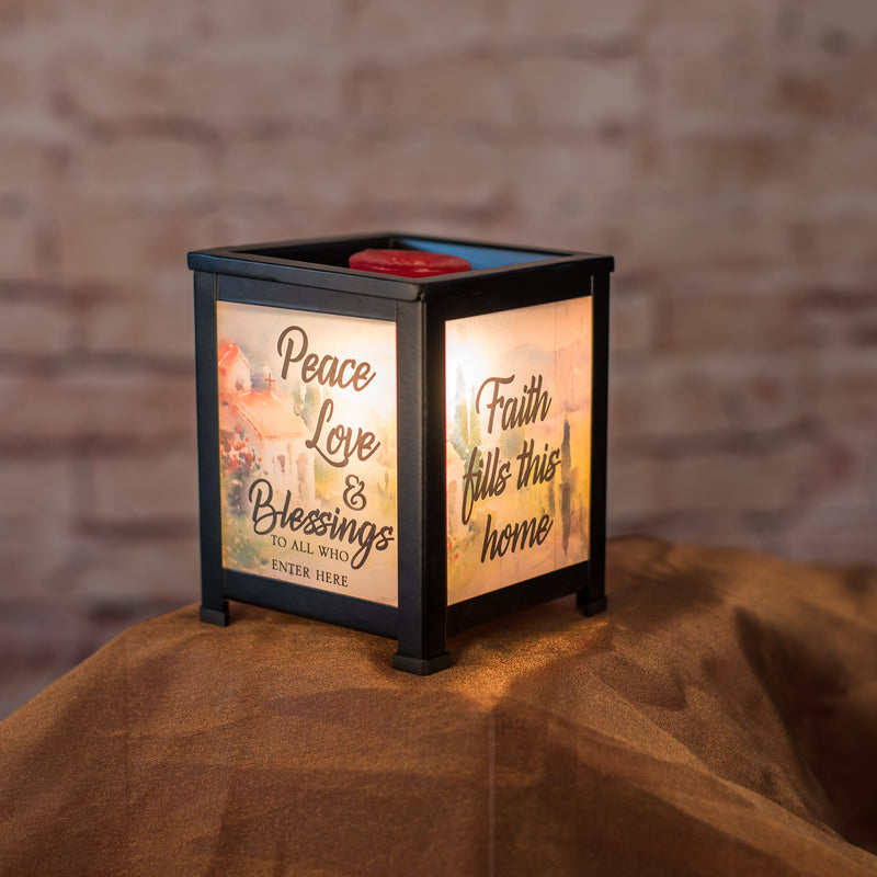 Front view of Love Our Lord Faith Fills Black Glass Lantern Warmer