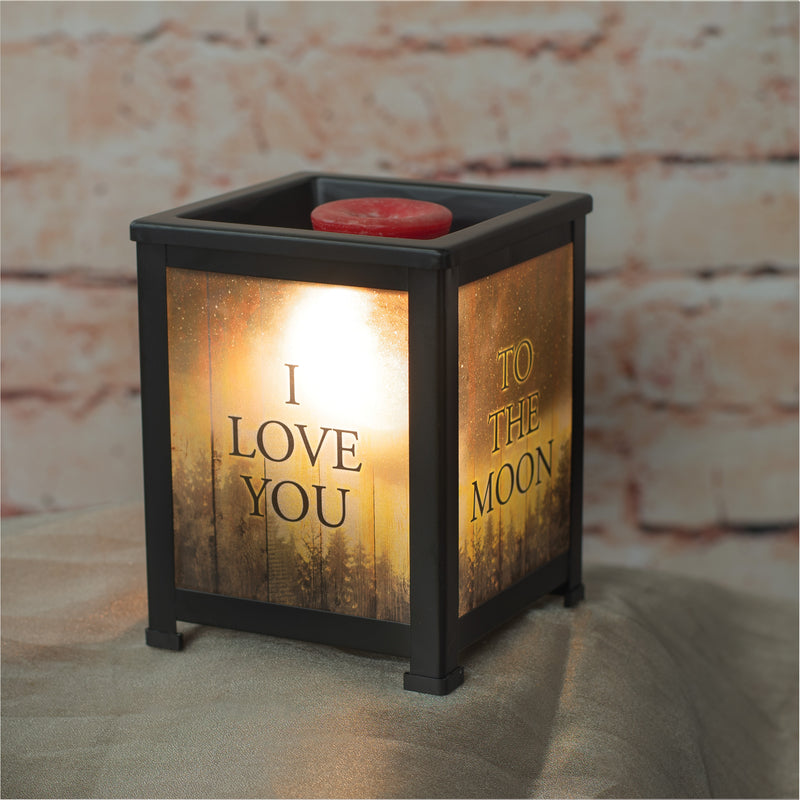 Front view of "Love You to The Moon and Back" Night Sky Black Glass Lantern Warmer