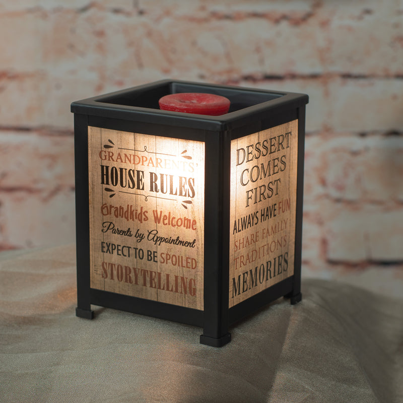 Front view of Grandparents House Rules Memories Black Glass Lantern Warmer