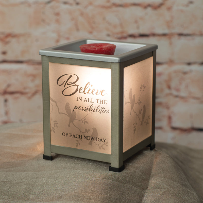 Front view of "Believe in all the possibilities of each new day" Bird Silvertone Glass Lantern Warmer