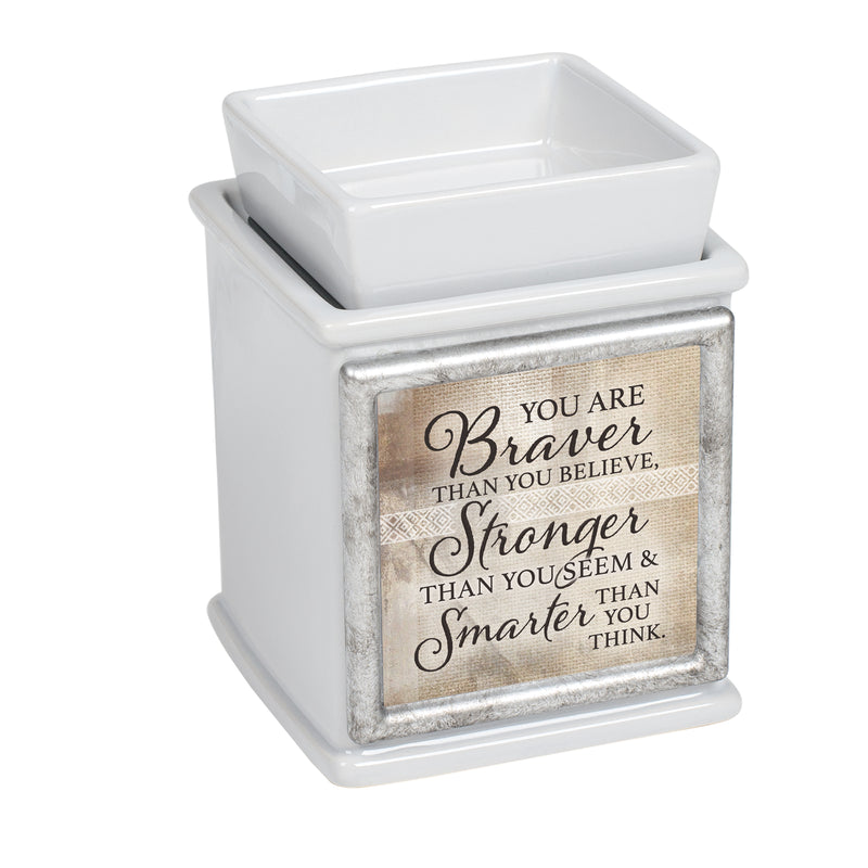 Front view of "You are braver than you believe, stronger than you seem, and smarter than you think" Ceramic Slate Grey Interchangeable Photo Frame Warmer