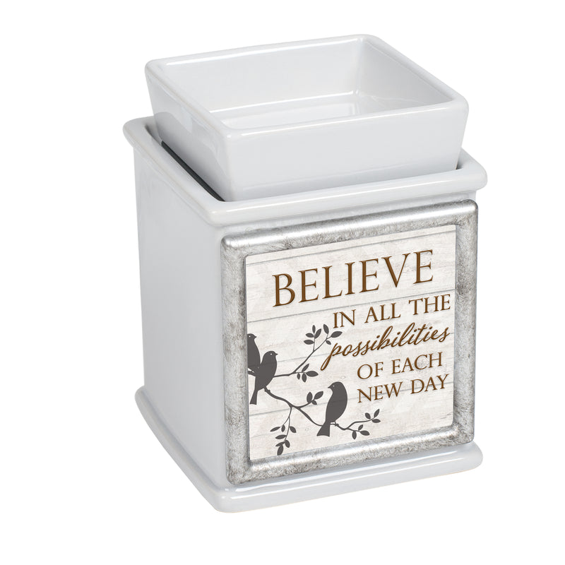 Front view of "Believe in all the possibilities of each new day" Ceramic Slate Grey Interchangeable Photo Frame Warmer