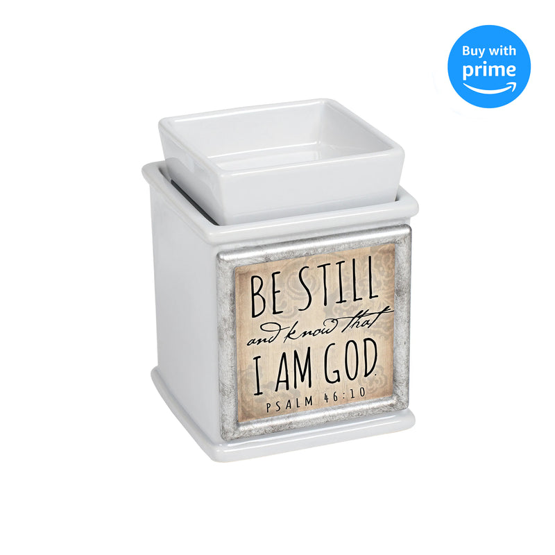 Front view of "Be Still and Know" Ceramic Slate Grey Interchangeable Photo Frame Warmer