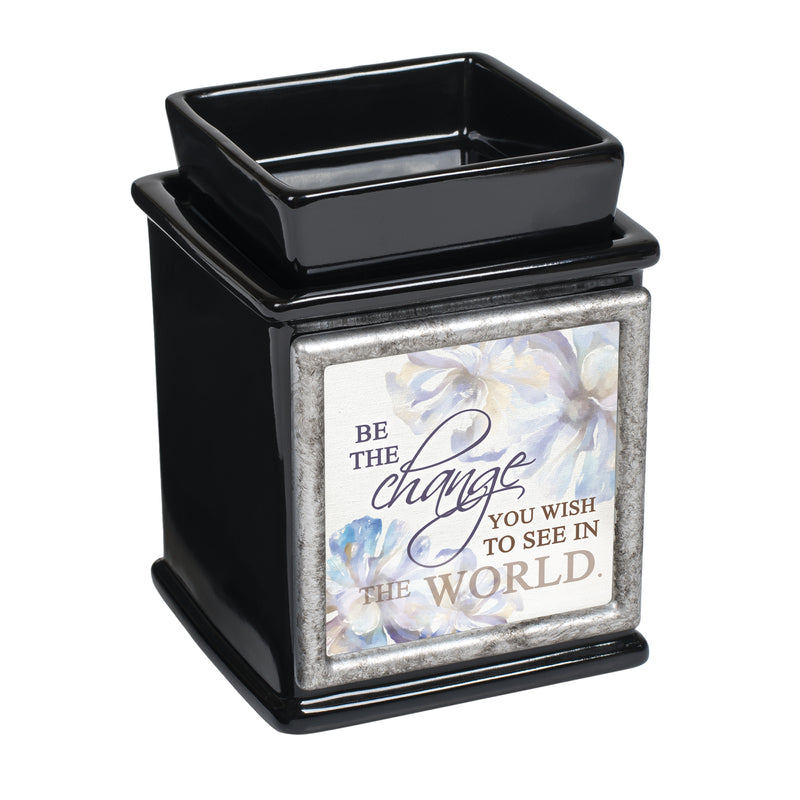Front view of Be The Change You Wish Ceramic Glossy Black Interchangeable Photo Frame Warmer
