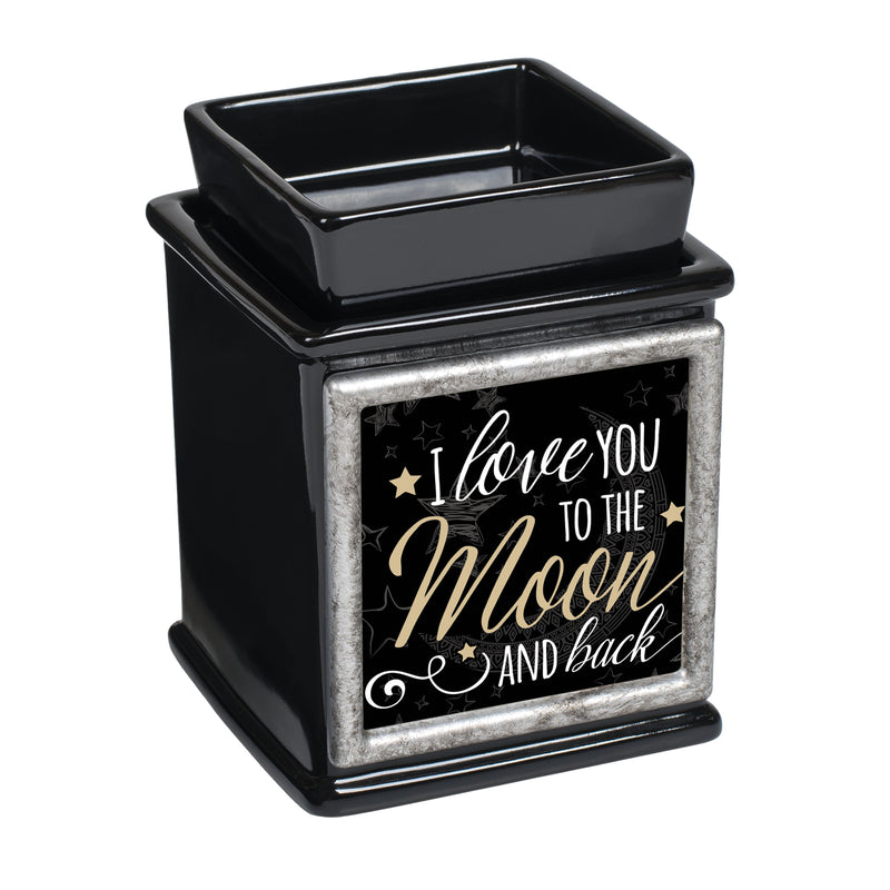 Front view of "Love You to The Moon and Back" Ceramic Glossy Black Interchangeable Photo Frame Warmer