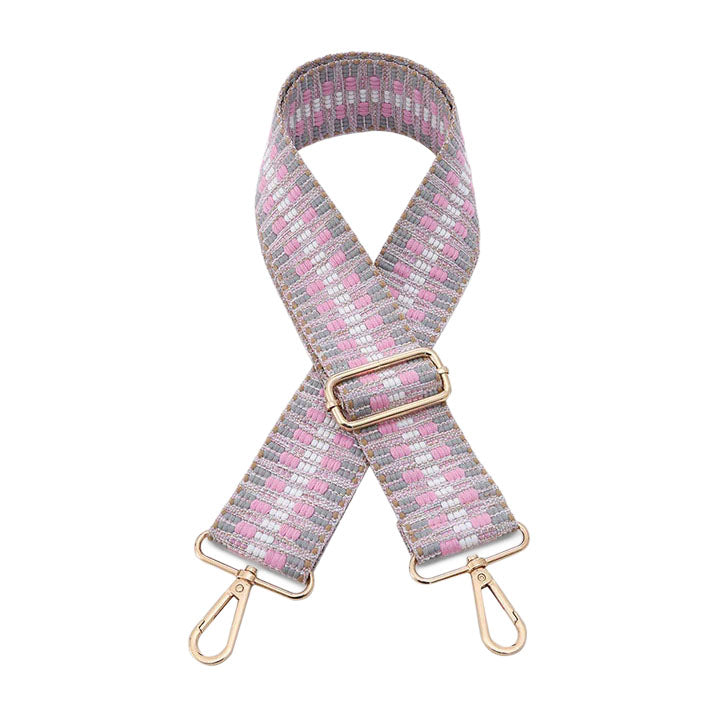 JEN & CO. Guitar Style Stripes Woven Nylon Bag Strap, Grey and Pink