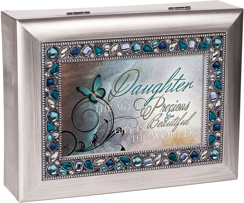 Daughter Most Precious Gift Brushed Silvertone Jewelry Music Box Plays You Light Up My Life