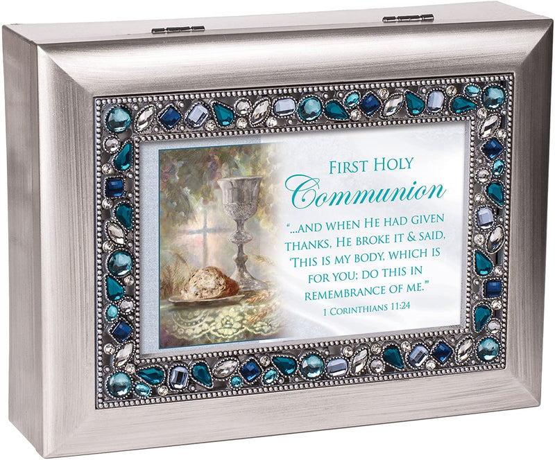 First Holy Communion Brushed Silver Finish Jeweled Lid Jewelry Music Box Plays Tune Ave Maria