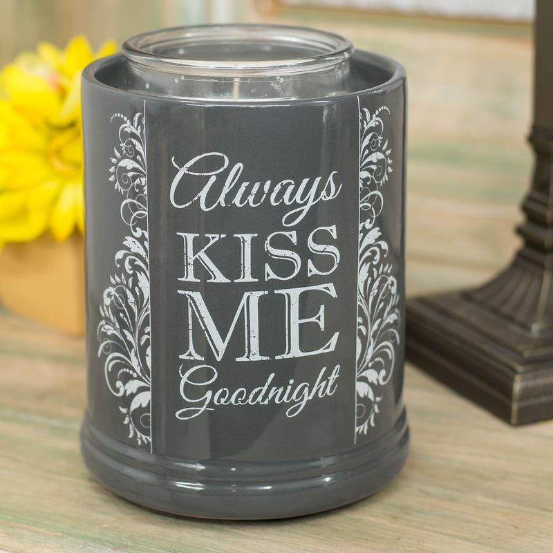 Front view of Always Kiss Me Goodnight Charcoal Grey Stoneware Electric Jar Candle Warmer