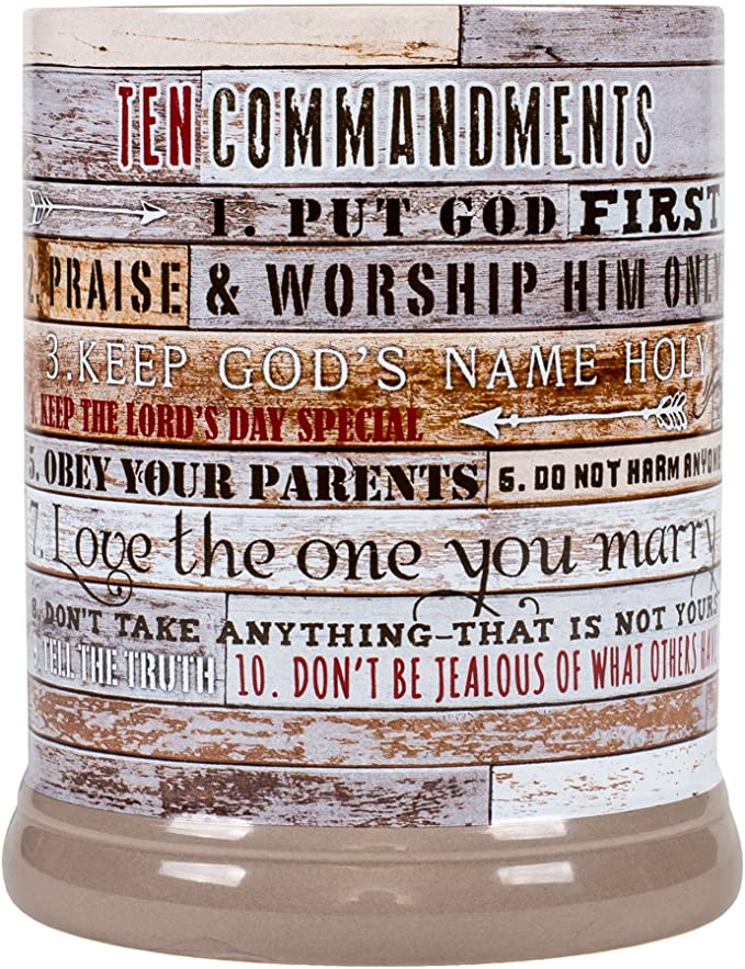 Front view of Ten Commandments Pallet Wood Look Electric Jar Candle Warmer