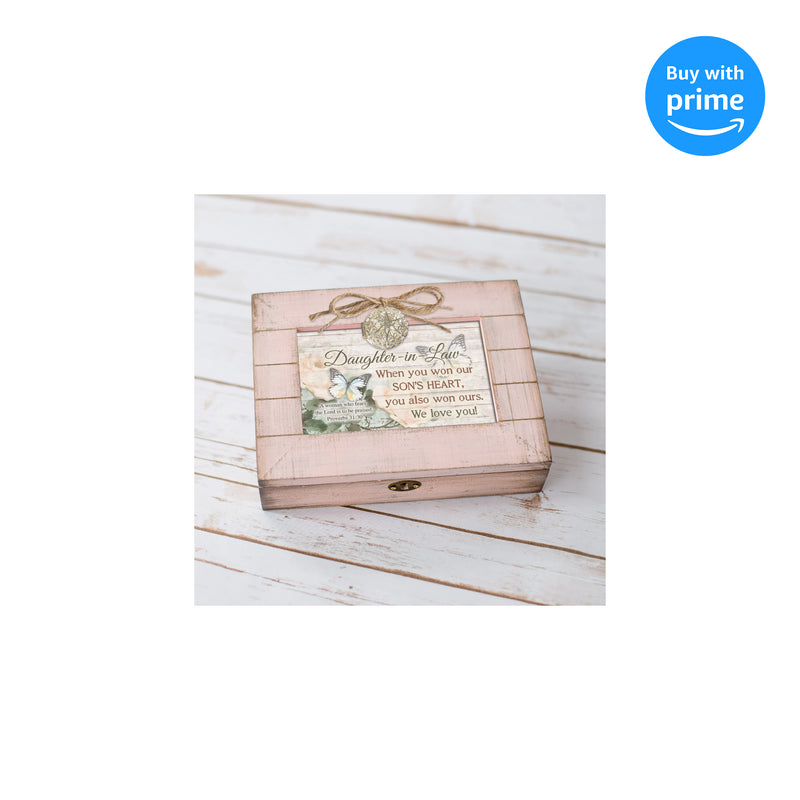 Top down view of Daughter in Law We Love You Blush Pink Distressed Locket Music Box