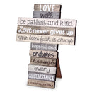 Love Never Gives Up Distressed Wood 9 Inch Stacked Wood Cross Figurine