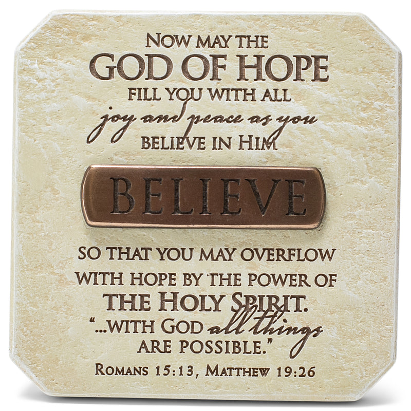 Lighthouse Christian Products Believe All Things are Possible Sandstone 3.75 x 3.75 Cast Stone Bronze Title Bar Plaque