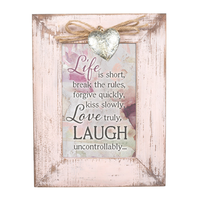 Front view of Forgive Quickly Kiss Love Laugh Blush Pink Distressed Locket Easel Back Photo Frame