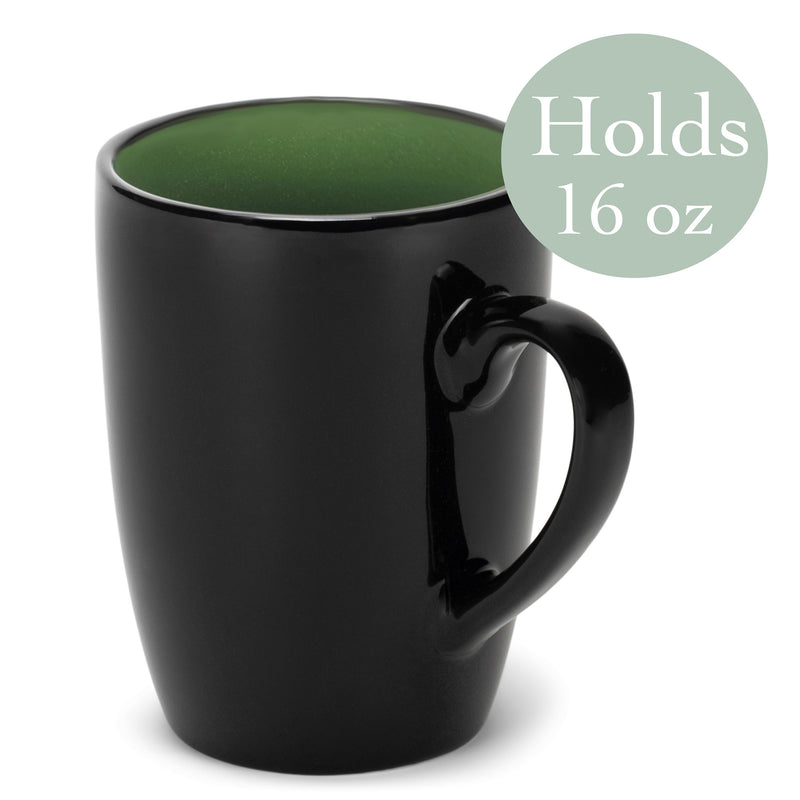 Color Pop Green Black Exterior 16 ounce Glossy Ceramic Mugs Matching Set of 4