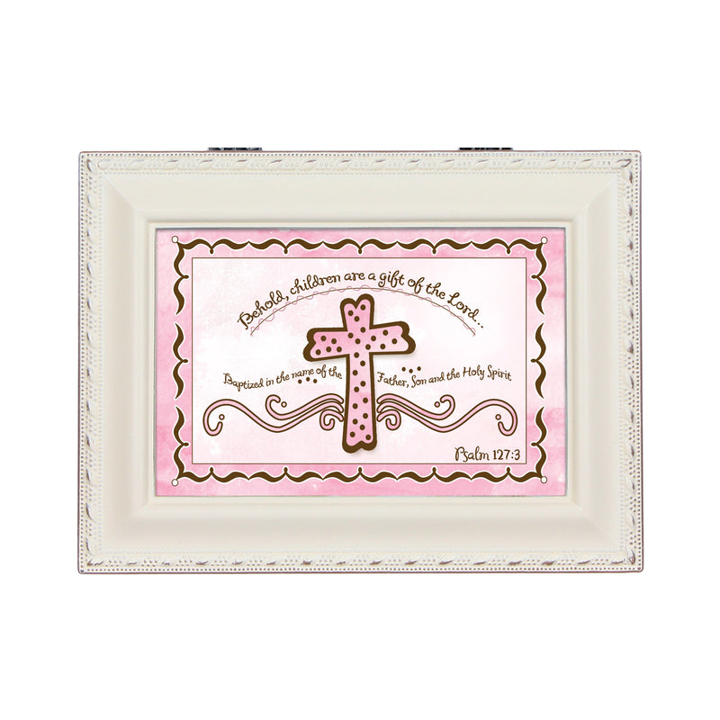 Top down view of Children are a Gift of The Lord Ivory Rope Trim Jewelry and Music Box