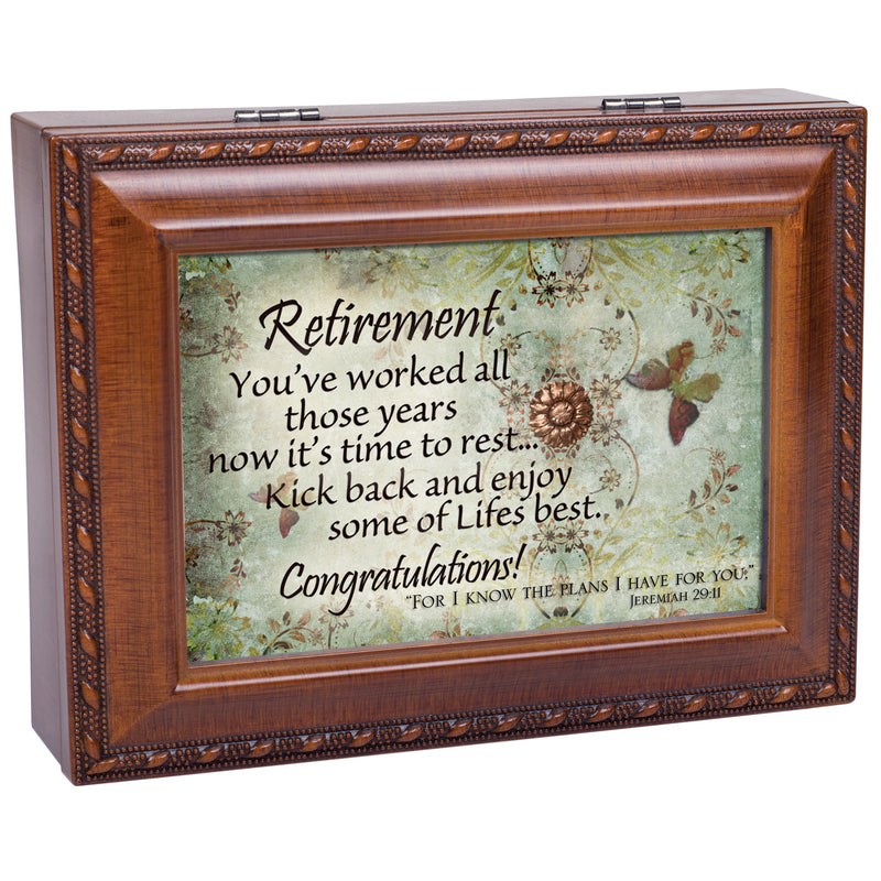 Retirement Woodgrain Music Box / Jewelry Box Plays Amazing Grace