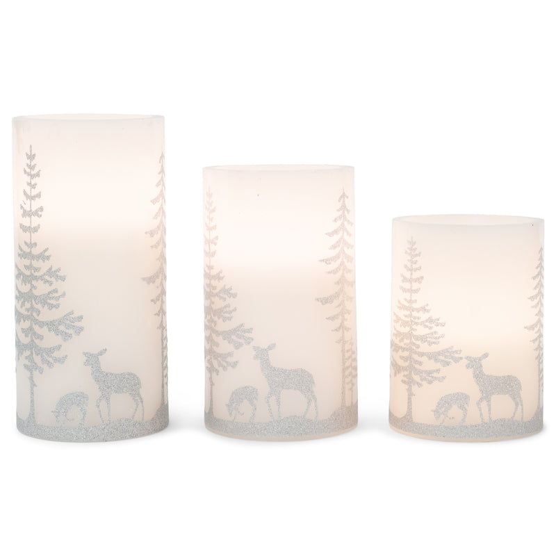 Deer and Trees Silver Tone 6 inch Wax Flameless Holiday Pillar Candles Set of 3