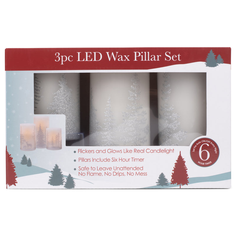 Deer and Trees Silver Tone 6 inch Wax Flameless Holiday Pillar Candles Set of 3