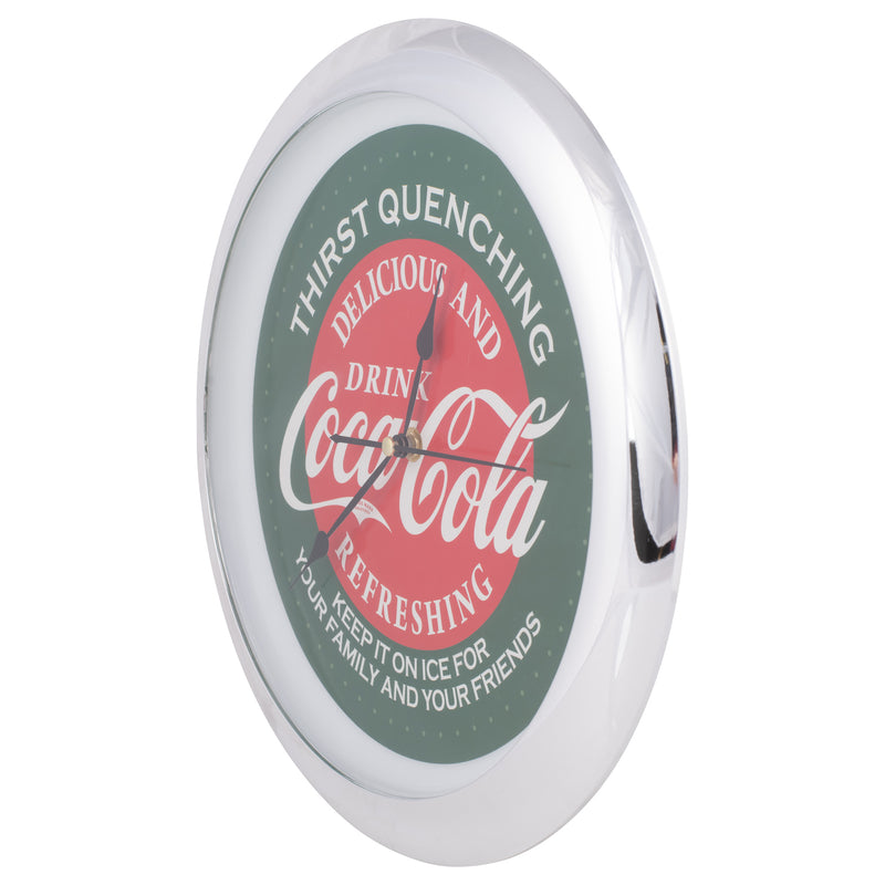 Coca Cola Diner Thirst Quenching Chrome Tone 13 inch Glass Holiday Clock