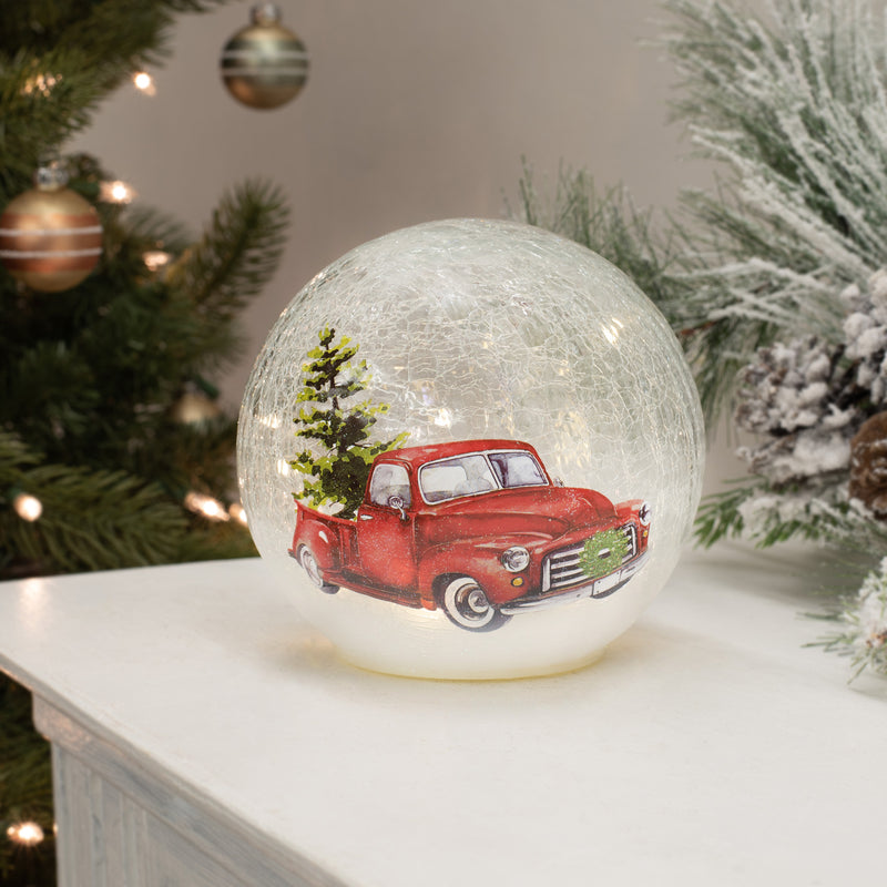 Mark Feldstein & Associates Truck with Tree Rosy Red 6 x 6 Crackle Glass LED Lighted Holiday Globe