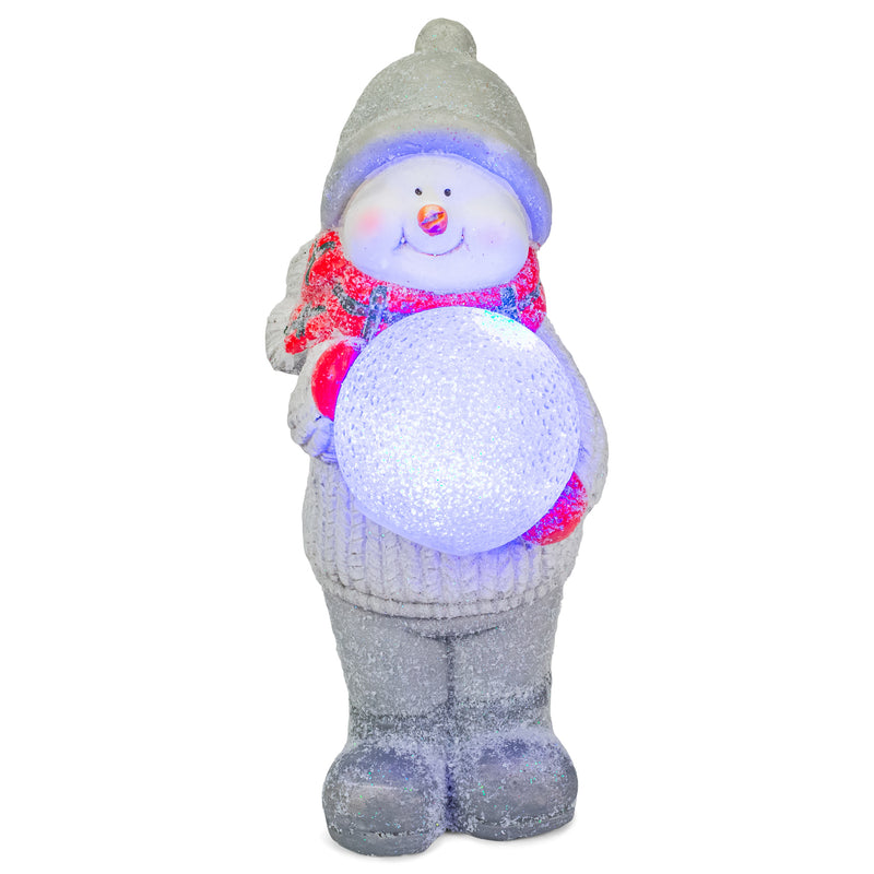 Snowman Holding LED Snowball Classic White 17 inch Resin Stone Holiday Door Greeter Figurine