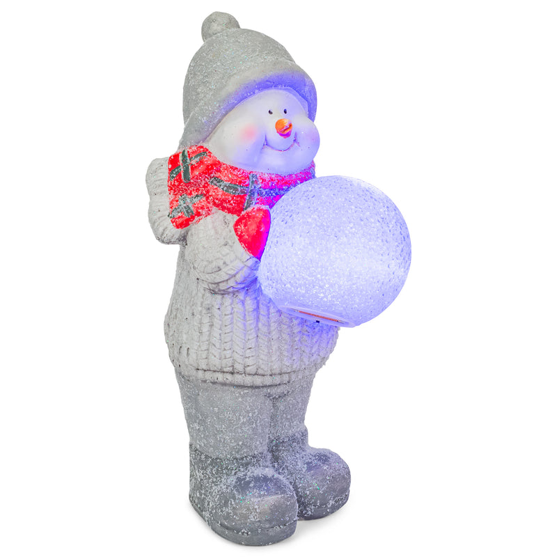 Snowman Holding LED Snowball Classic White 17 inch Resin Stone Holiday Door Greeter Figurine
